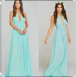 Show Me Your Mumu Luna Halter Maxi Dress in Sea Glass Crisp